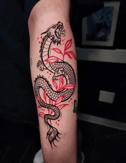 Black Dragon and Red Leaves Tattoo