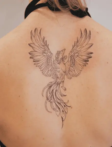 Detailed Phoenix Bird Back Tattoo