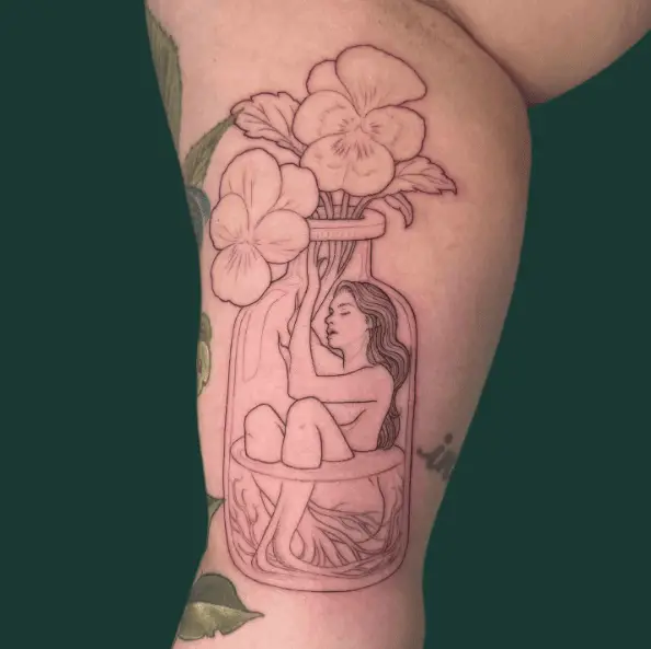 Tattoo of a Woman in a Jar with Flowers