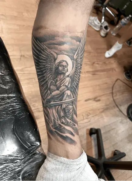 Saint Michael with Sword Leg Tattoo