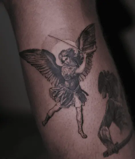 Greyscale Saint Michael and the Sword Tattoo