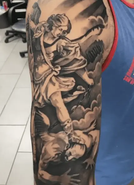 Realistic Saint Michael Full Sleeve Tattoo