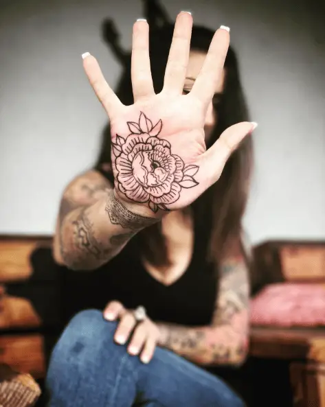 Black Flower with Lines Palm Tattoo