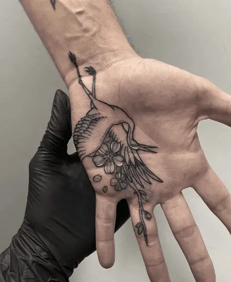 Crane with Flowers Palm Tattoo