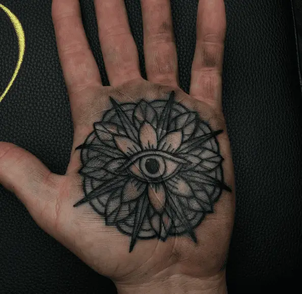 Black Ink Mandala Eye Palm Tattoo