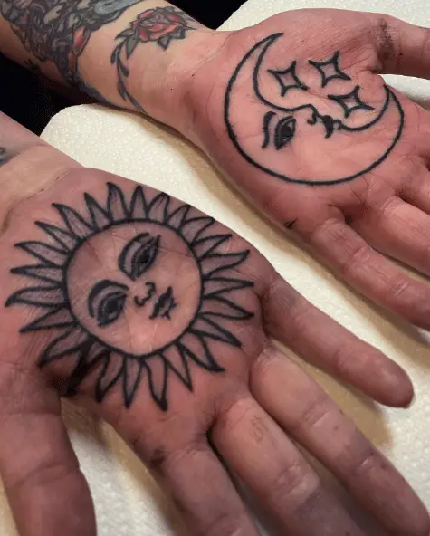 Sun and Moon Double Palm Tattoo