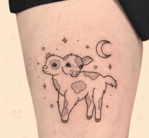 Little Two Headed Calf with Moon and Sparks Tattoo