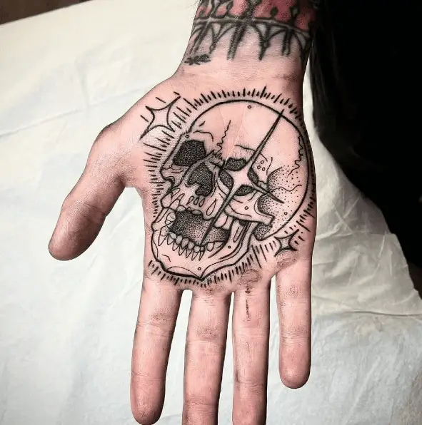 Skull with Spark Line Tattoo