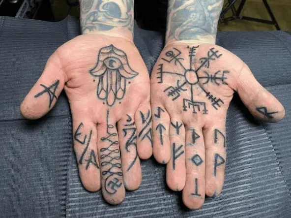 Symbols and Scripts Double Palm Tattoo