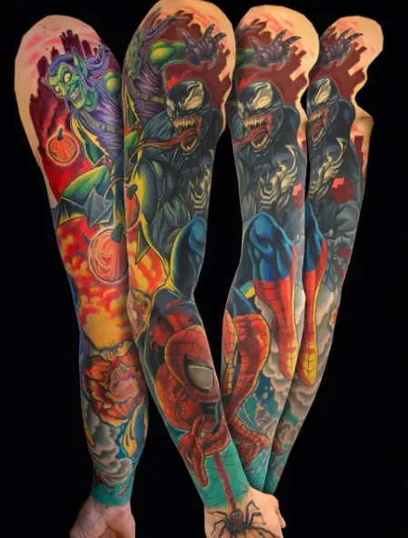 Multicolored Venom and Spiderman Sleeve Tattoo