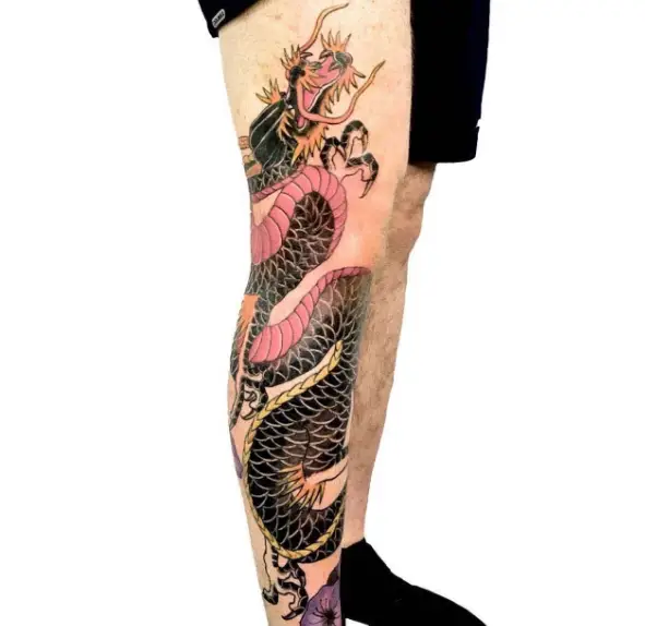 Black and Pink Ink Dragon Full Leg Tattoo