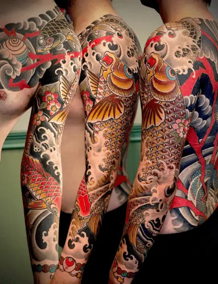 Japanese Koi Sleeve and Dragon Back Tattoo