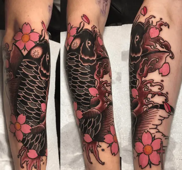 Traditional Japanese Koi Fish with Pink Flowers Sleeve Tattoo