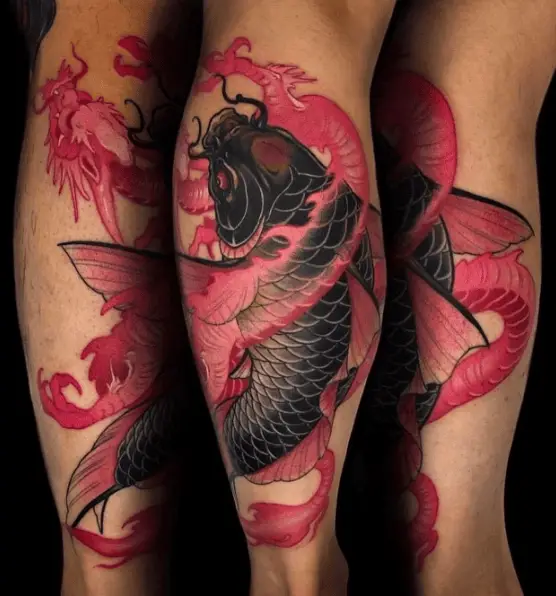 Black Koi Fish and Red Dragon Tattoo
