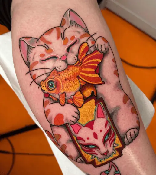 Maneki Neko Cat with a Fish Tattoo