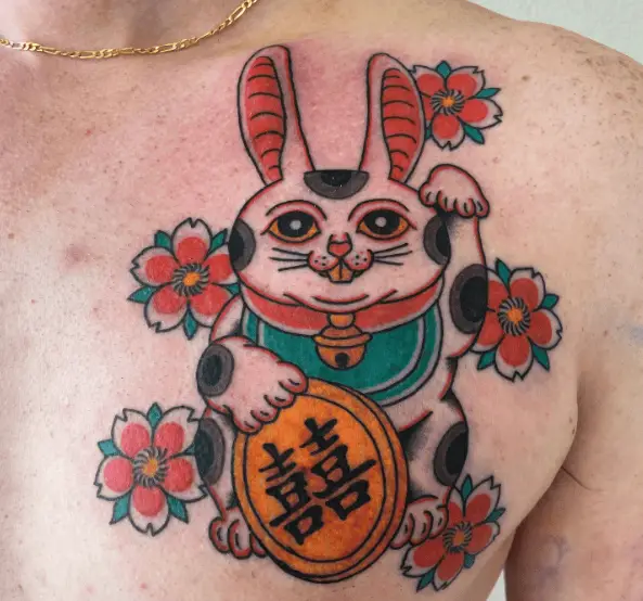 Maneki Neko Style Rabbit Chest Tattoo