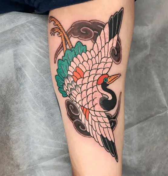 Crane with Yin Yang Clouds Tattoo