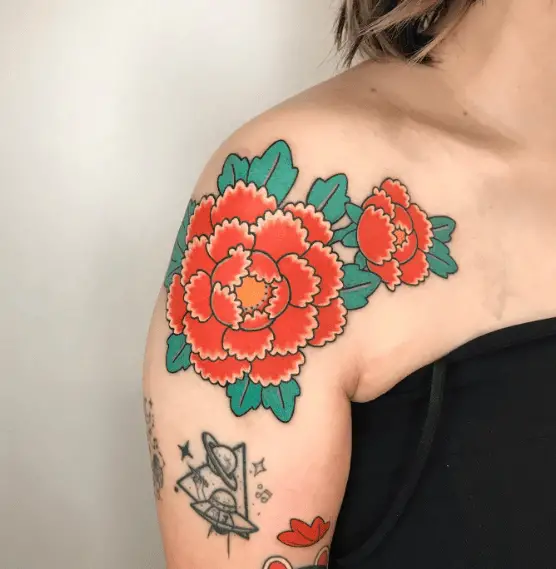 Orange and Blue Peony Flower Shoulder Tattoo