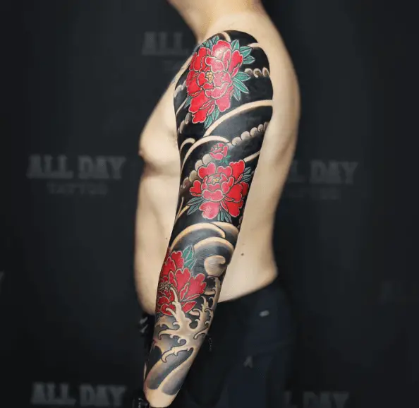 Black and Red Traditional Japanese Peony Sleeve Tattoo 