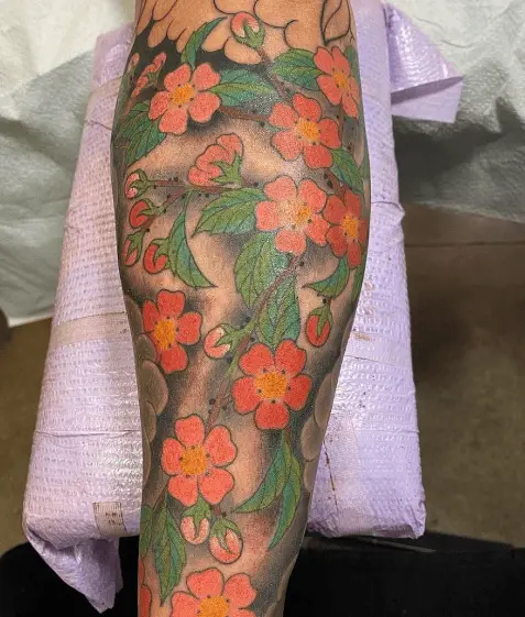 Orange Cherry Blossoms Leg Tattoo