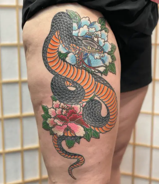 Snake and Peony Thigh Tattoo
