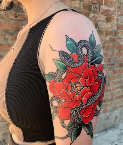 Red Peony Flower and Black Snake Tattoo