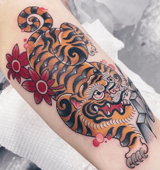 Japanese Tiger with Red Florals Tattoo