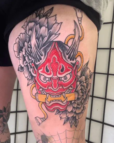 Hannya Mask with Grey Florals Thigh Tattoo