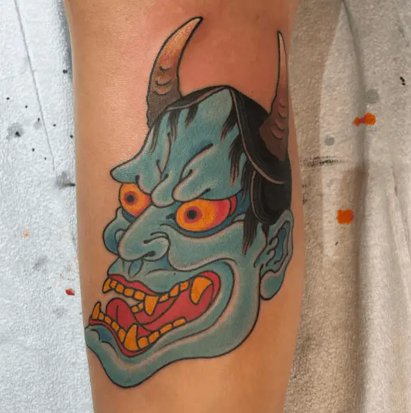 Blue Ink Hannaya Mask Tattoo