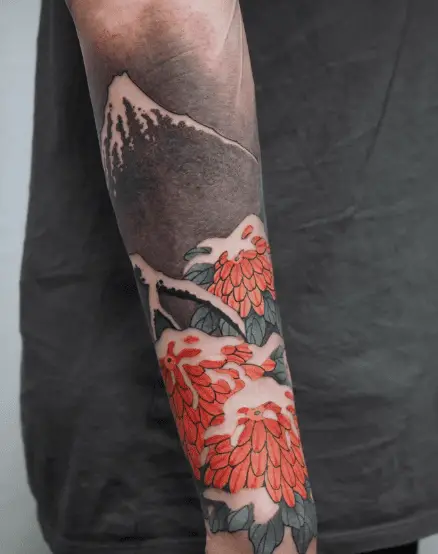 Mount Fuji and Chrysanthemum Forearm Tattoo