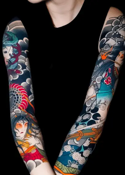 Colorful Japanese Two Full Sleeve Tattoo Designs