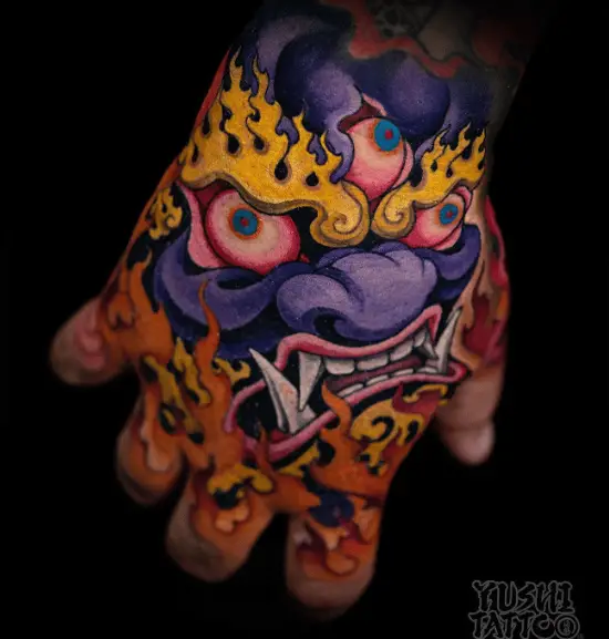 Multicolored Hannya Mask Hand Tattoo