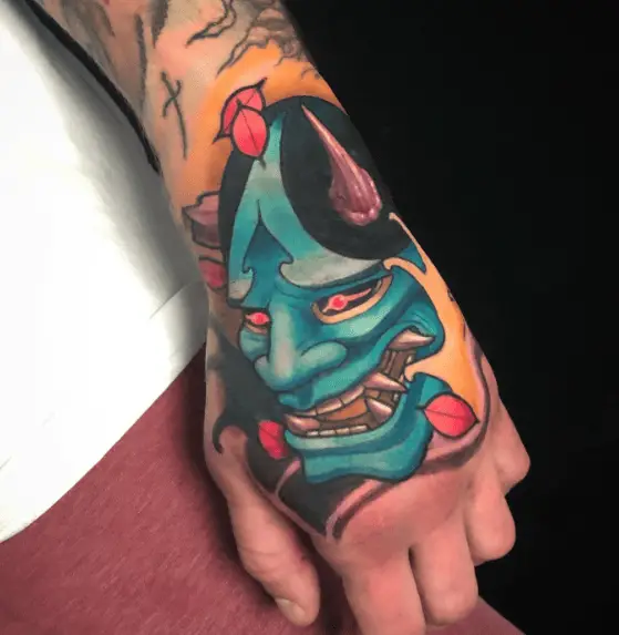 Water Colored Hannaya Mask Hand Tattoo