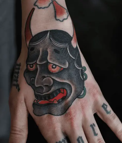 Dark Grey Woman Faced Hannaya Mask Tattoo