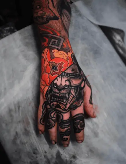 Greyscale Hannaya Mask Hand Tattoo