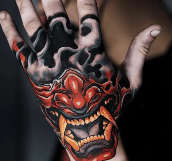 Hannya Stylized Mask Hand Tattoo 