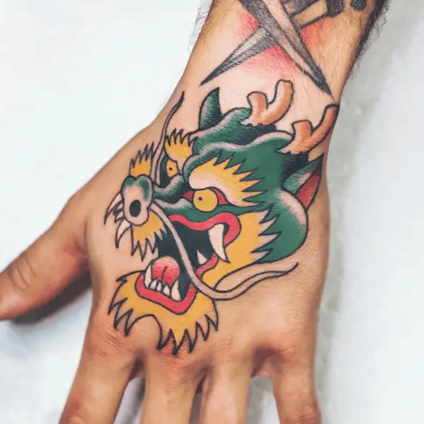 Green and Yellow Japanese Dragon Hand Tattoo