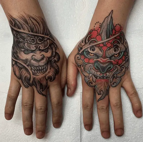 Japanese Lion and Dragon Faces Tattoo