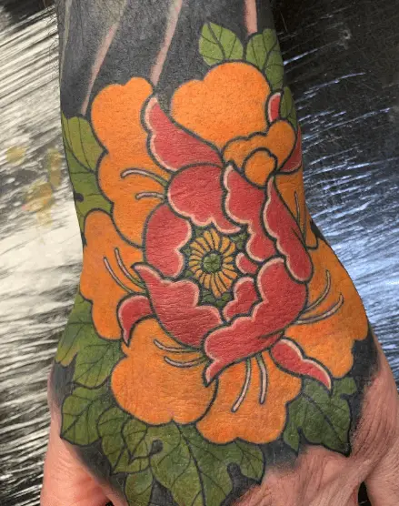 Orange and Red Peony Hand Tattoo
