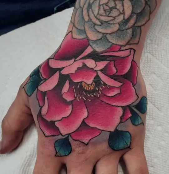 Pink Peony Flower Hand Tattoo
