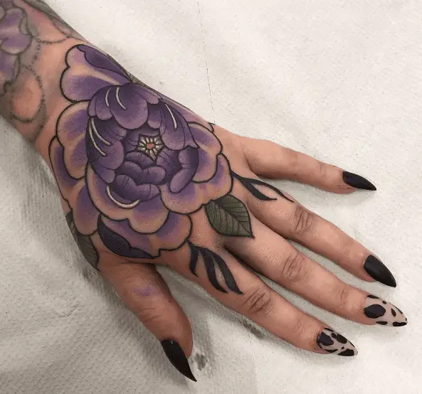 Purple Peony Hand Tattoo