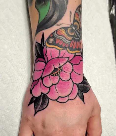 Pink and Black Peony Flower Tattoo