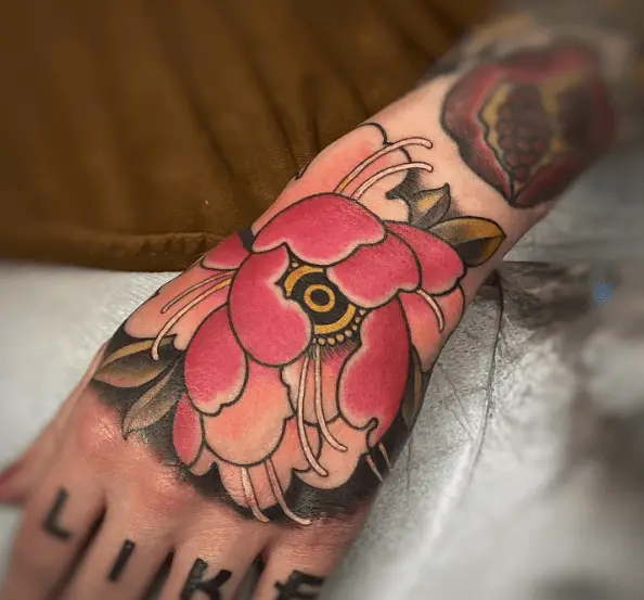 Traditional Peony Flower Hand Tattoo
