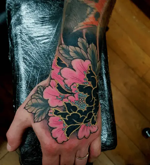 Pink, Green and Black Peony Flower Tattoo
