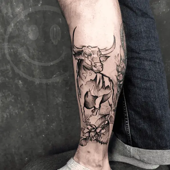 Sketch Style Bull with Leaves Leg Tattoo