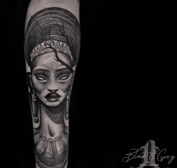 Greyscale African Tribe Woman Tattoo