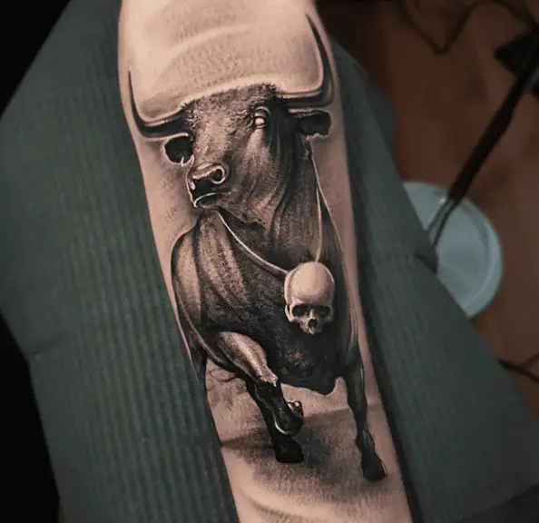 Black Bull with Skull Portrait Style Tattoo