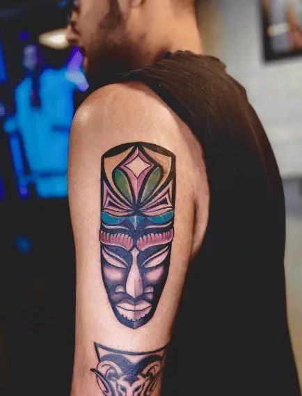 Vibrant Colors African Mask Arm Tattoo