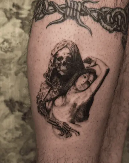 Grim Reaper Cloaked Skeleton Hugging Naked Woman Tattoo