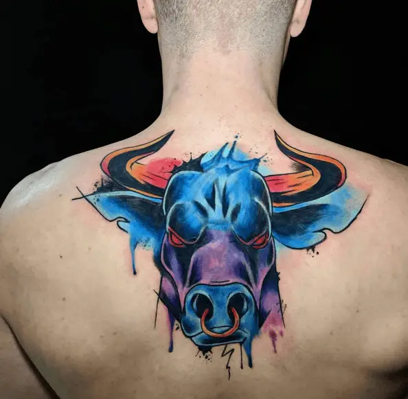Neon Blue Bull Face Back Tattoo